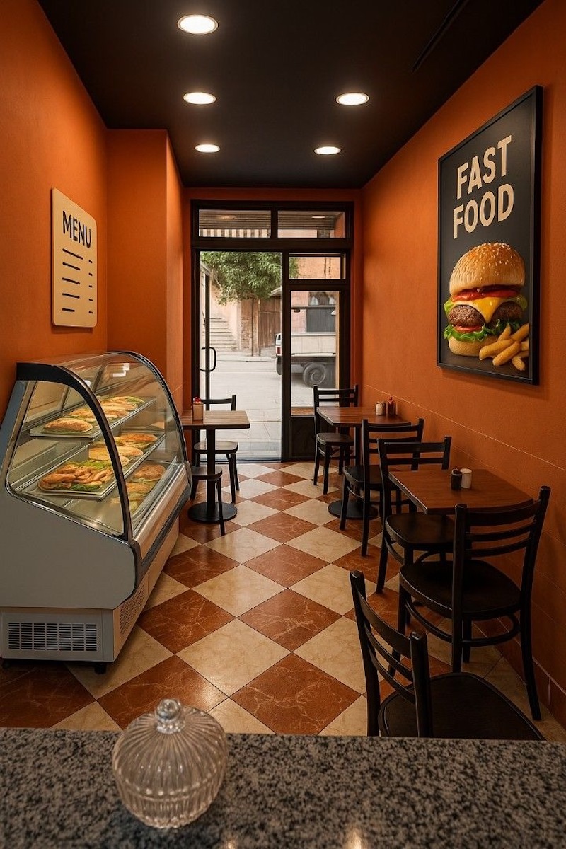 Mặt bằng hẹp bố trí quầy trưng bày sát tường, bàn nhỏ dọc lối đi và tông cam nổi bật tạo cảm giác gọn gàng, dễ nhận diện 