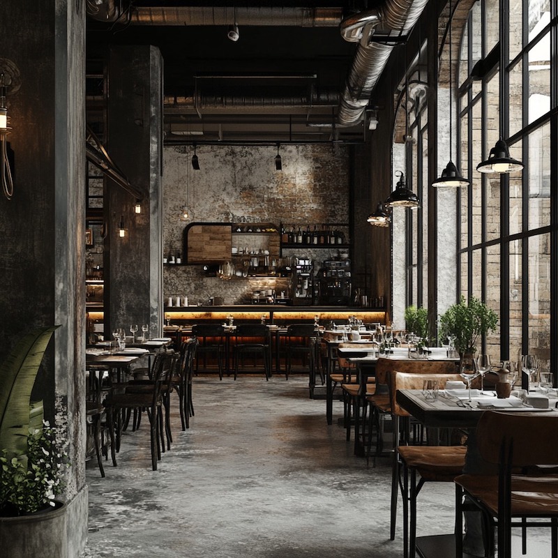 Sử dụng trần và tường bê tông thô, kết hợp cửa kính cao, bàn ghế gỗ tối màu và quầy bar chiếu sáng ấm ở cuối trục không gian