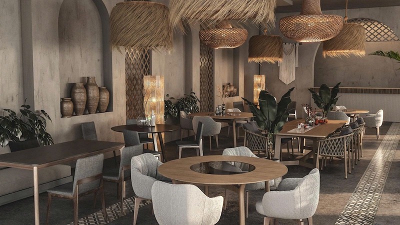 Thiết kế nhà hàng phong cách Mộc sử dụng gỗ, đá và tre tự nhiên, tạo không gian ấm áp, gần gũi, thân thiện với khách hàng từ lần đầu bước vào 