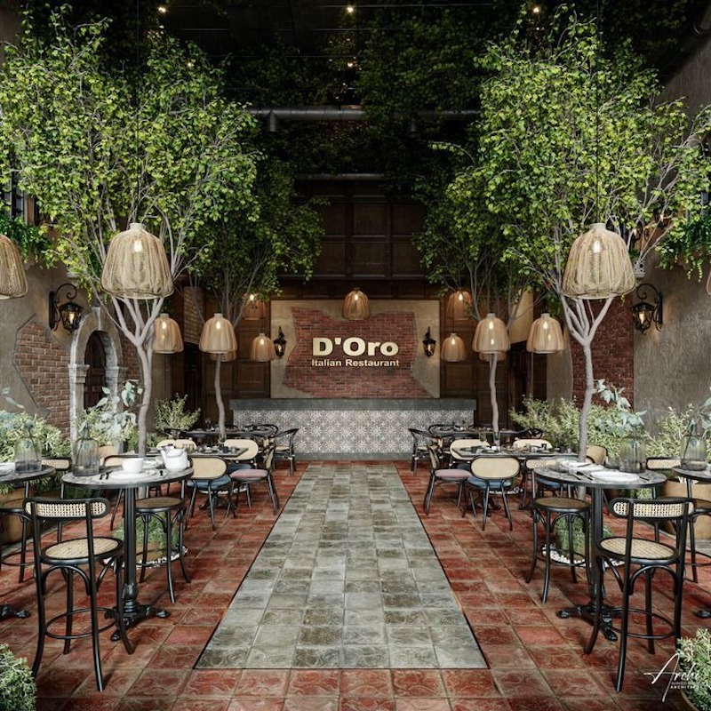 Phối màu trầm ấm như nâu, be, xám và xanh rêu mang lại sự thư giãn, cân bằng cảm xúc cho khách hàng khi ăn uống 