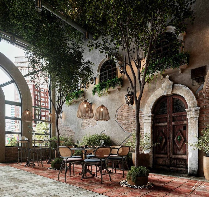 Trong phong cách Mộc, ánh sáng tự nhiên được tận dụng tối đa qua cửa lớn, giếng trời, giúp không gian nhà hàng ấm áp, thông thoáng và gần gũi