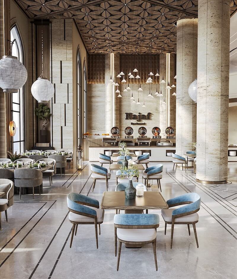Phong cách Tân cổ điển giúp nhà hàng Beefsteak thể hiện đẳng cấp thông qua phào chỉ tinh giản, cột trang trí nhẹ và bố cục đối xứng hài hòa
