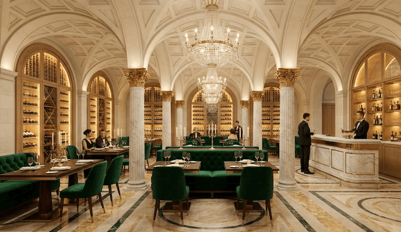 Hệ tủ trưng bày rượu được thiết kế như điểm nhấn kiến trúc, kết hợp đối xứng và chiếu sáng điểm để làm nổi bật bộ sưu tập vang