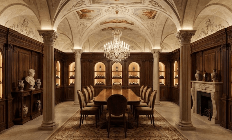 Bảng màu trầm như nâu gỗ, đỏ rượu vang, xanh đậm và vàng đồng tạo cảm giác sâu lắng, quyền lực và giàu tính thưởng thức