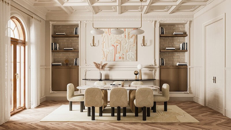 Phòng VIP trong nhà hàng tân cổ điển đề cao sự riêng tư, không gian ấm, vật liệu cao cấp, ghế êm, ánh sáng dịu, cách âm tốt, phù hợp tiếp khách quan trọng và dùng bữa lâu