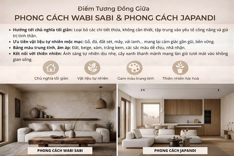 Wabi Sabi và Japandi đều theo đuổi tối giản, ưu tiên vật liệu tự nhiên, gam màu trung tính, ánh sáng tự nhiên, tạo không gian sống tĩnh lặng và cân bằng