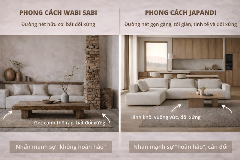 Wabi Sabi ưu tiên đường nét thô mộc, bất đối xứng, tự nhiên còn Japandi sử dụng hình khối rõ ràng, gọn gàng, cân đối, hướng đến tính trật tự và ứng dụng hiện đại