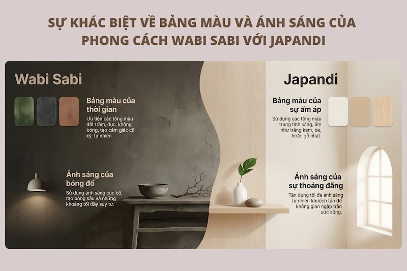 Wabi Sabi dùng bảng màu trầm trong khi đó Japandi ưu tiên màu trung tính sáng, ánh sáng tự nhiên rõ ràng, tạo cảm giác ấm áp và thoáng đãng