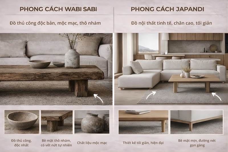 Wabi Sabi chuộng nội thất thô mộc, thủ công, dấu vết thời gian rõ nét còn Japandi chọn đồ đơn giản, hoàn thiện tinh gọn, đề cao công năng và sự tiện nghi 