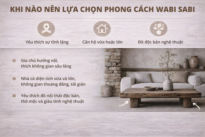 Phong cách Wabi Sabi đặc biệt phù hợp với người yêu lối sống chậm, đề cao giá trị tinh thần hơn hình thức, không chạy theo xu hướng và chấp nhận sự “không hoàn hảo” 
