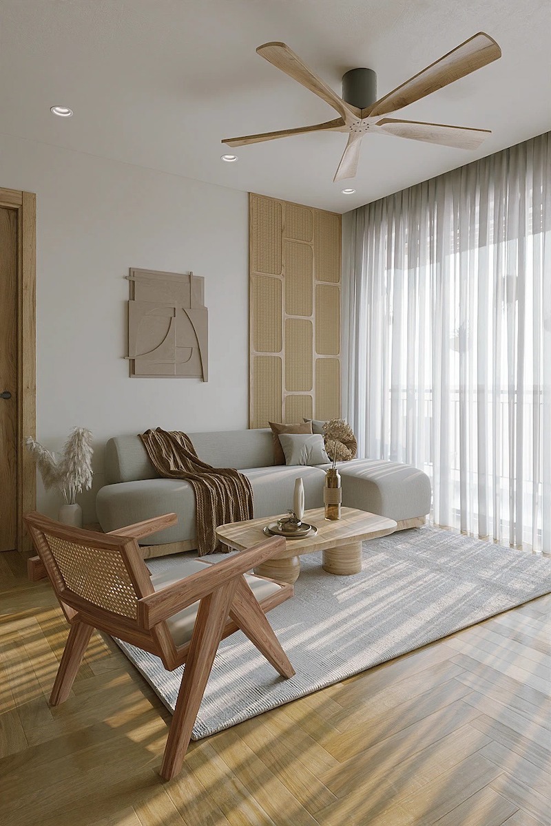 Gam màu kem, be, xám nhạt phối cùng sắc gỗ tự nhiên giúp phòng khách giữ được vẻ hiện đại nhưng không lạnh, phù hợp sinh hoạt gia đình