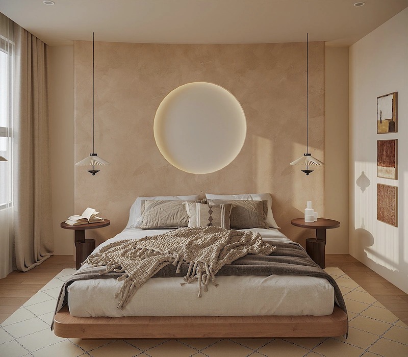 Ánh sáng dịu, rèm vải thô và bề mặt hoàn thiện mờ giúp phòng ngủ Japandi tránh cảm giác lạnh, mang lại sự ấm áp vừa đủ