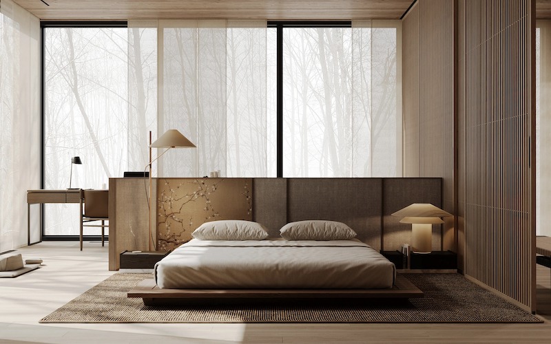 Nội thất phòng ngủ Japandi được tiết chế tối đa, ưu tiên lưu trữ thông minh để không gian luôn gọn gàng và dễ duy trì lâu dài