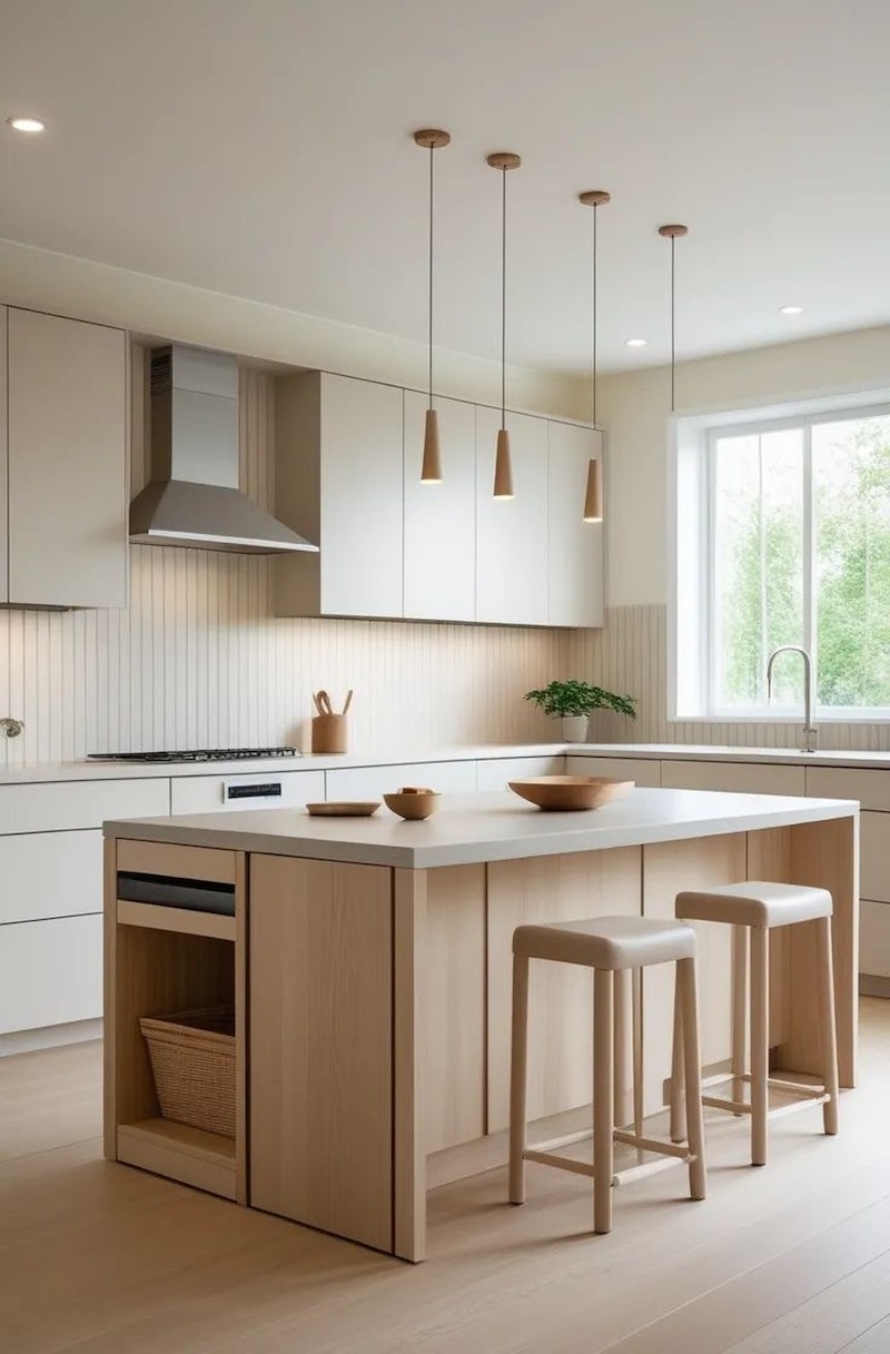 Phòng bếp Japandi ưu tiên bố cục gọn gàng, vật liệu gỗ tự nhiên kết hợp màu trung tính, giúp không gian sạch sẽ, ấm áp và thuận tiện khi sử dụng hằng ngày