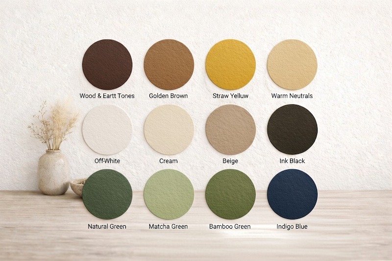 Bảng màu phong cách Nhật Bản với các gam gỗ & đất, trung tính ấm và xanh tự nhiên