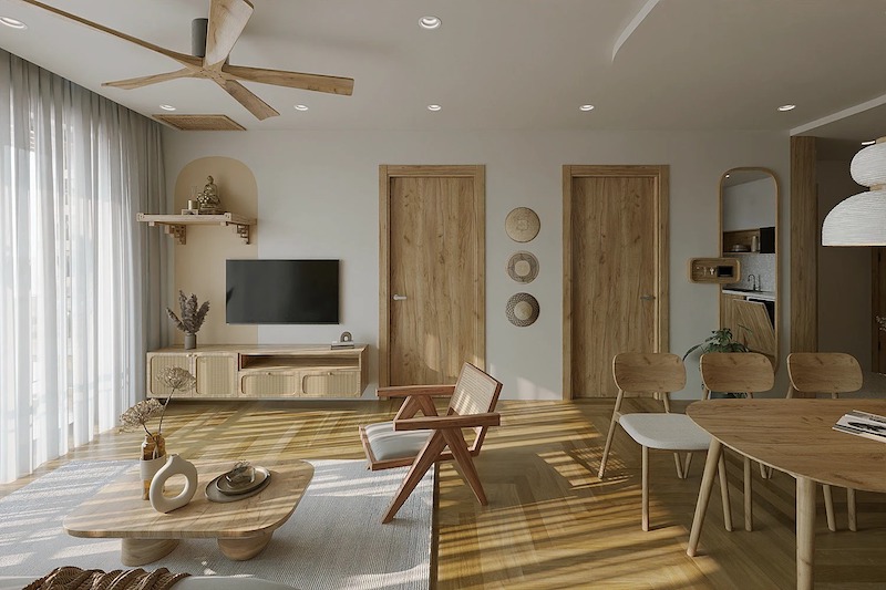 Chất liệu thiên nhiên giúp không gian ấm áp, gần gũi, bền vững theo thời gian, tạo cảm giác thư giãn, dễ sống và hạn chế lỗi thời