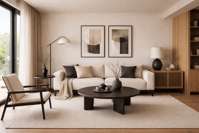 Sự kết hợp giữa ánh sáng tự nhiên tán xạ qua rèm mỏng và hệ đèn tông ấm (2700K–3000K) giúp tôn vinh chất liệu gỗ, vải và bề mặt tự nhiên trong không gian Japandi