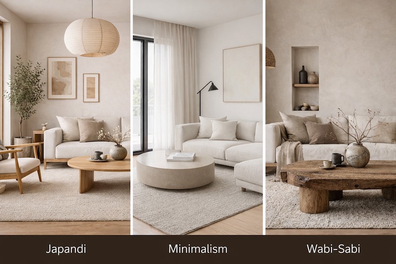 Japandi cân bằng ấm áp và tiện nghi, Wabi Sabi đề cao vẻ đẹp không hoàn hảo tự nhiên, còn Minimalism tối giản triệt để, thiên về công năng và hình khối chuẩn