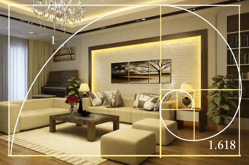 Phòng khách thiết kế theo tỷ lệ vàng 1:1.618, với các yếu tố như ghế sofa, bàn trà, và trang trí được bố trí hài hòa, tạo nên sự cân đối và tinh tế