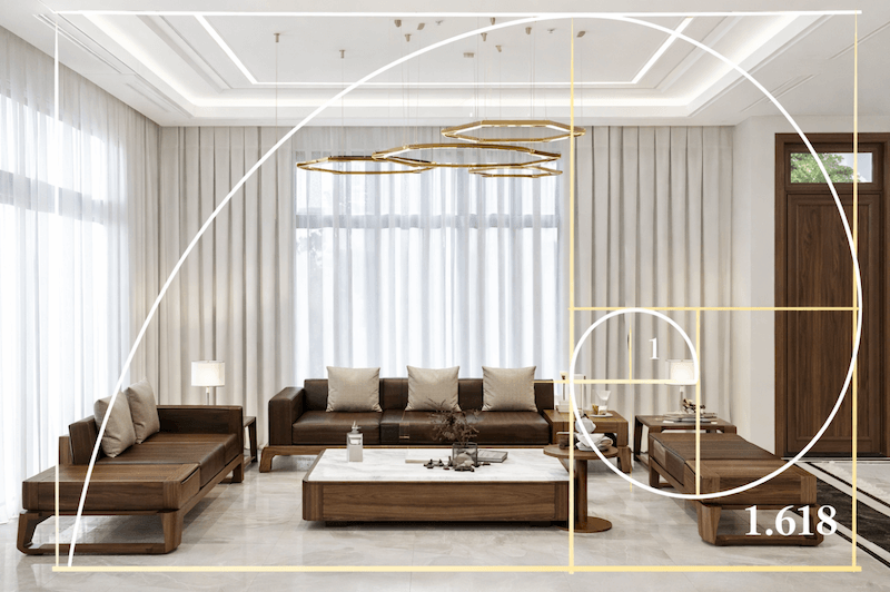 Sắp xếp theo tỉ lệ vàng với đồ nội thất bằng gỗ nâu, bao gồm sofa, bàn trà và các chi tiết trang trí được sắp xếp hài hòa, tạo ra không gian thanh lịch và cân đối