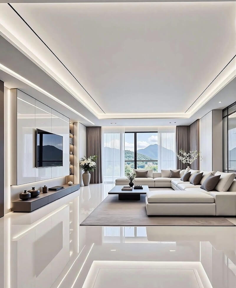 Sử dụng cửa sổ kính trong veo, vách tivi ốp đá marble trắng và bộ sofa da màu kem sang trọng trong không gian mở