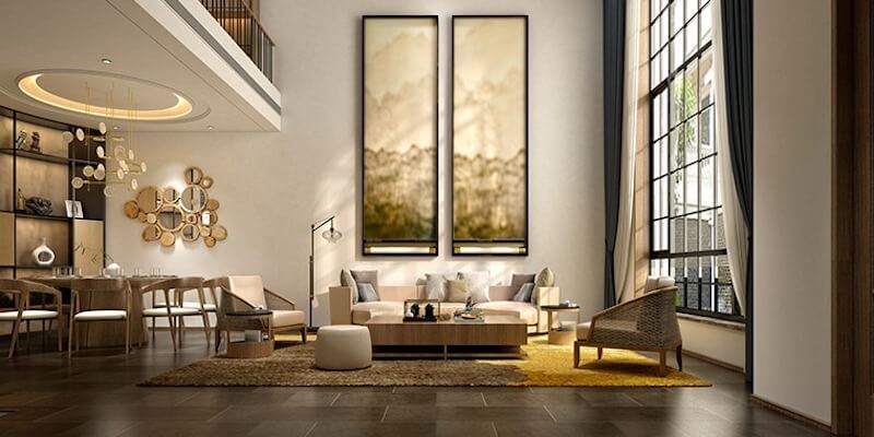 Phòng khách đương đại với thiết kế tối giản, sử dụng các chi tiết trang trí tinh tế, không gian mở và ánh sáng tự nhiên