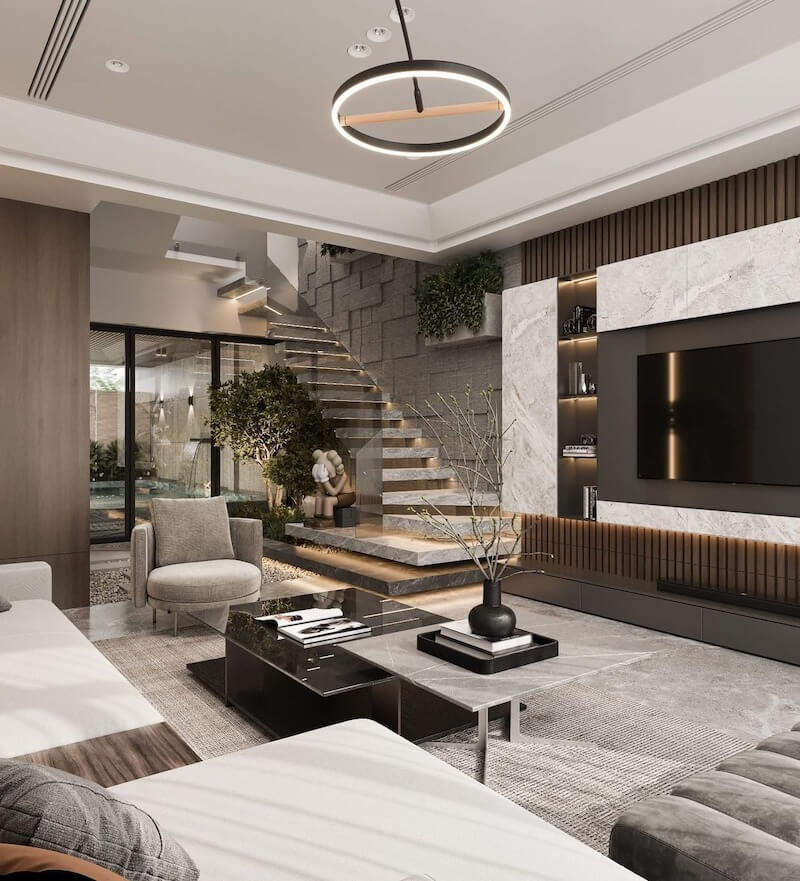 Mẫu phòng khách thông tầng căn hộ Duplex sang trọng với cầu thang kính hiện đại, vách tivi ốp đá marble và hệ thống đèn led âm trần tinh tế