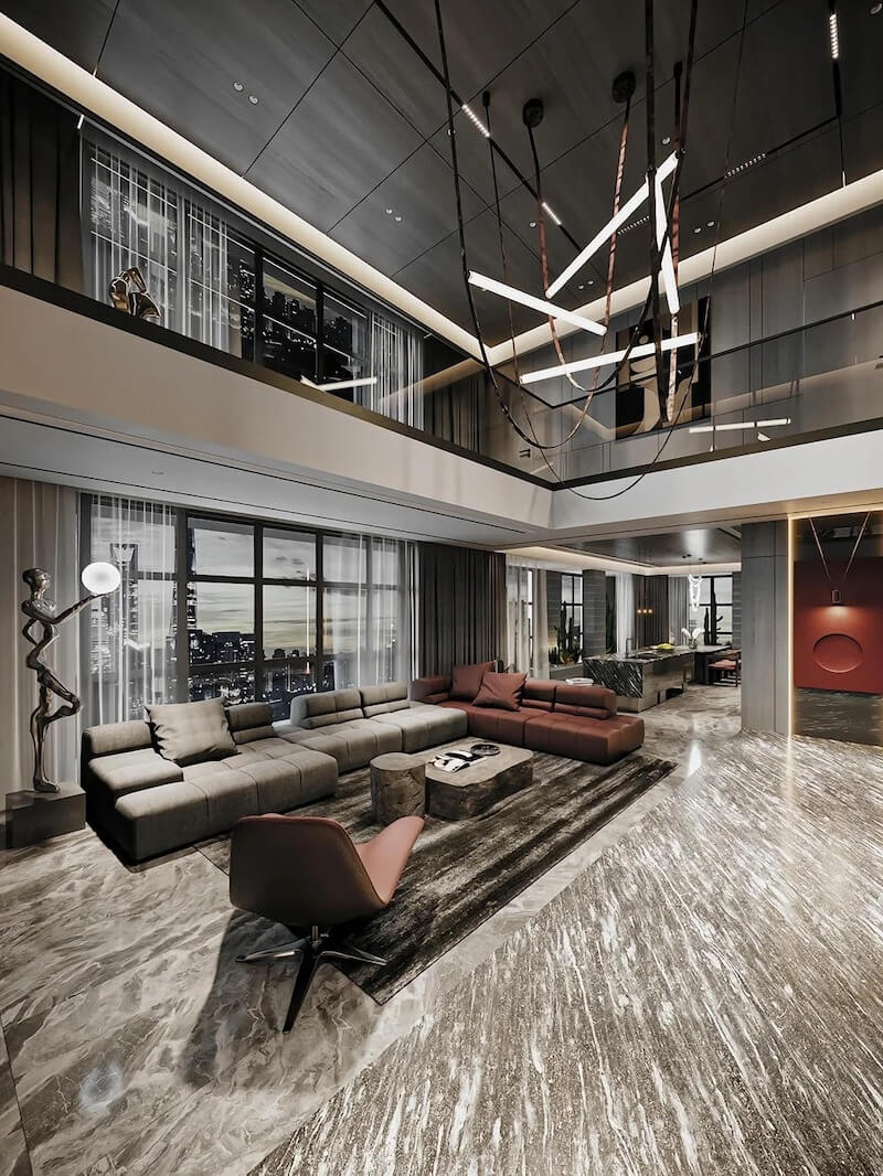 Mẫu phòng khách duplex có cửa sổ lớn view thành phố, thiết kế trần cao tạo không gian mở thoáng đãng