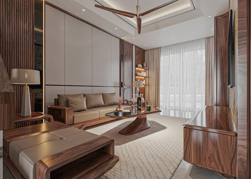Nội thất phòng khách chung cư sử dụng gỗ Óc Chó tự nhiên với bộ sofa gỗ đệm da, bàn trà cách điệu và vách ốp tường sang trọng
