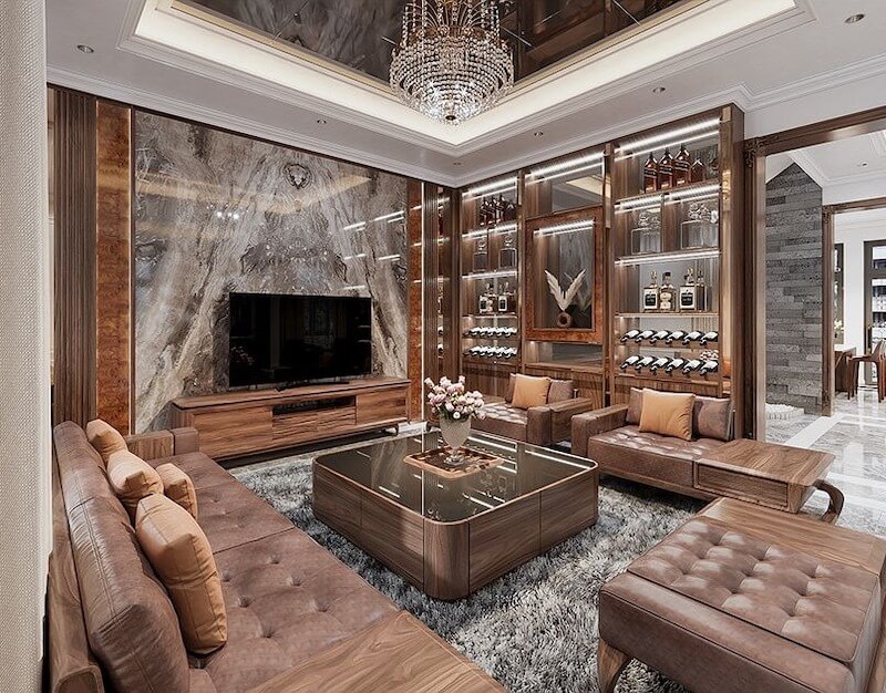 Mẫu phòng khách kết hợp khu vực trưng bày rượu đẳng cấp cho căn hộ chung cư hoặc biệt thự