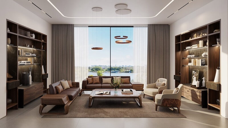 Không gian tiếp khách thượng, trần gương phản chiếu đèn chùm lộng lẫy và thảm lông xám tinh tế