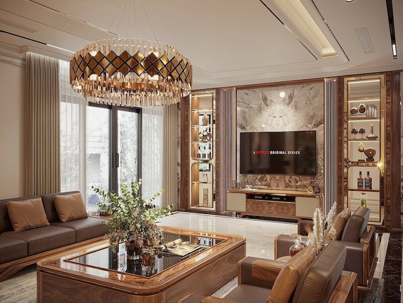 Sự kết hợp hài hòa giữa tông màu nâu ấm của gỗ và da, tủ trưng bày rượu ngoại sang trọng, tạo nên diện mạo hoàn hảo cho ngôi nhà