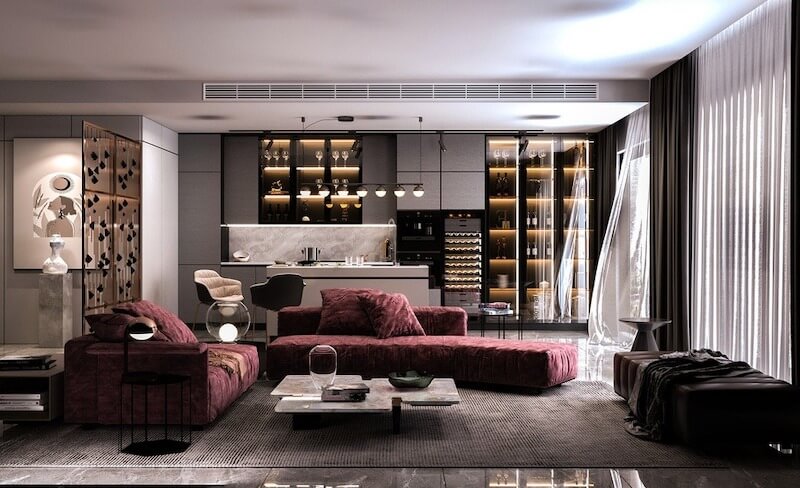 Nội thất căn hộ cao cấp thiết kế mở hiện đại, nổi bật với khu vực bếp tích hợp tủ rượu trưng bày có đèn LED âm tủ lung linh