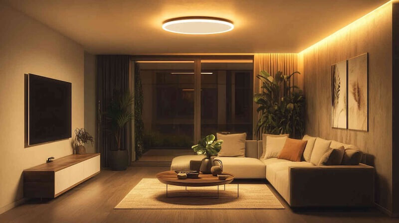 Phòng khách ứng dụng hệ thống Ambient Lighting ấm cúng, không gian mở sáng thoáng nhờ kết hợp khéo léo ánh sáng tự nhiên và đèn trang trí cao cấp