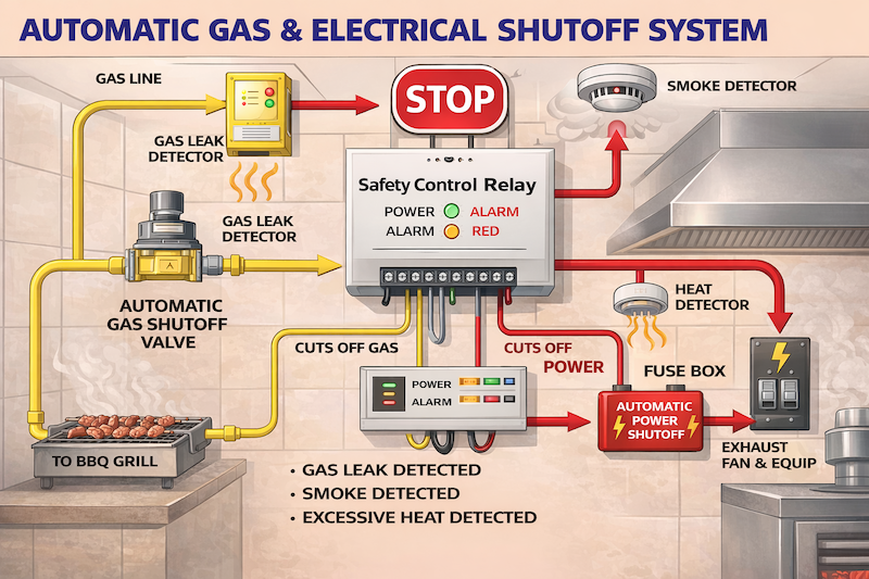 Thi công hệ thống gas và điện cần tính tải đúng chuẩn, lắp van ngắt tự động, cảm biến rò rỉ, dây dẫn chịu nhiệt và đảm bảo an toàn tuyệt đối trong giờ cao điểm