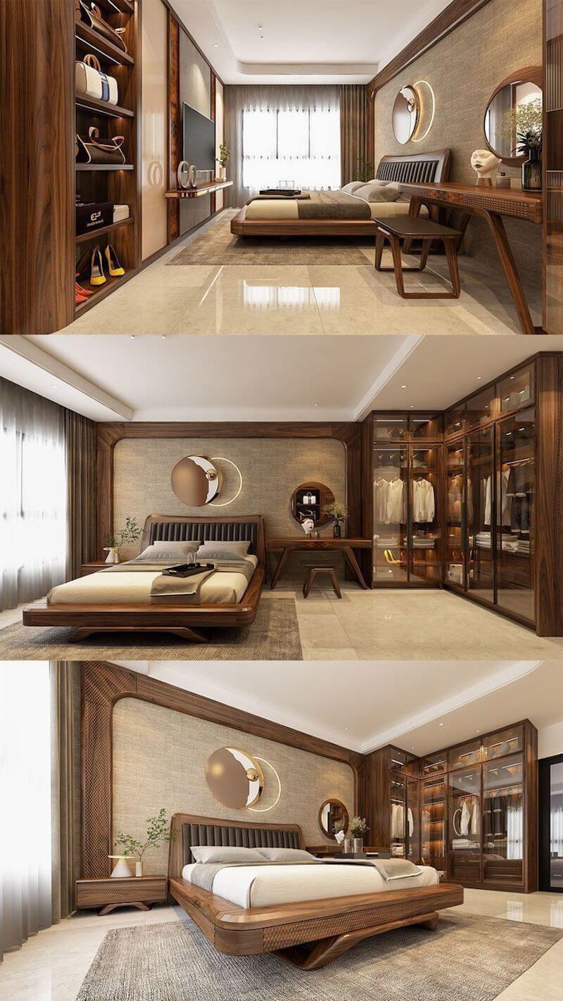 Phòng thay đồ thiết kế đối xứng với hệ tủ gỗ veneer kết hợp kính trong, bố trí khoa học và ánh sáng hắt tinh tế, mang lại trải nghiệm lưu trữ gọn gàng và sang trọng như boutique cao cấp