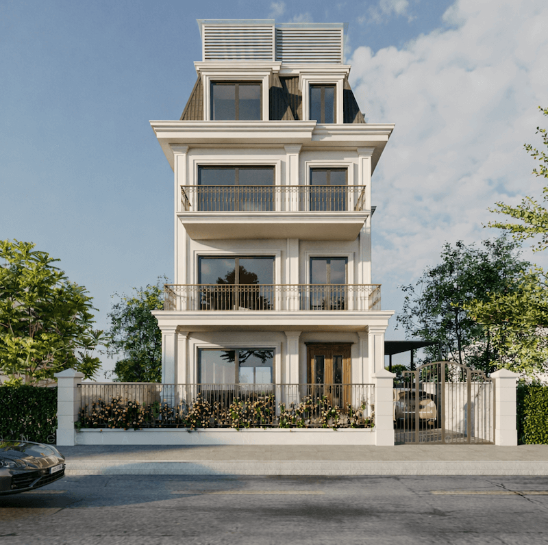 Mặt đứng biệt thự với bố cục đăng đối, ban công liên tầng và hệ cửa mở lớn, tận dụng tối đa ánh sáng tự nhiên