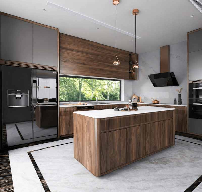 Đảo bếp trung tâm ốp gỗ veneer kết hợp mặt đá sáng cùng với hệ tủ cao kịch trần tích hợp thiết bị âm và cửa sổ dài lấy sáng giúp tạo bố cục gọn gàng, tiện nghi