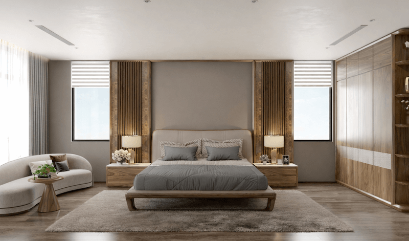 Gam trung tính ấm kết hợp gỗ tự nhiên, tạo cảm giác thư thái, riêng tư và sang trọng cho không gian nghỉ ngơi