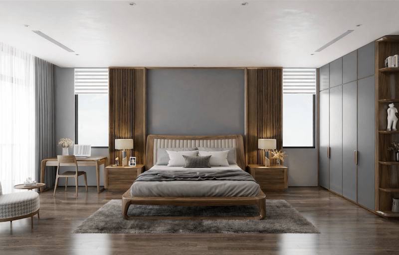 Phòng ngủ được bố trí đối xứng và lấy giường làm trung tâm giúp không gian được cân bằng