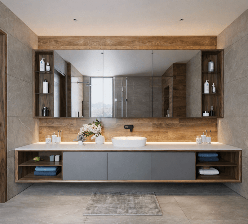 Phòng tắm được thiết kế gọn gàng với lavabo đôi đặt trên tủ treo, kết hợp gỗ ấm và đá trung tính, tạo cảm giác sạch sẽ, thư giãn và tiện nghi