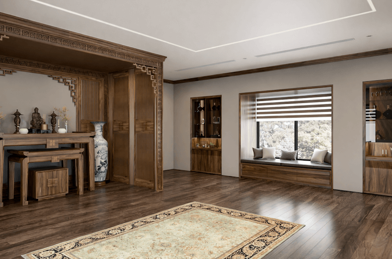 Khu thờ gỗ chạm khắc tinh tế, sàn gỗ ấm và góc ngồi bên cửa sổ lớn, tạo sự trang nghiêm nhưng vẫn thoáng đãng, thư thái cho sinh hoạt gia đình