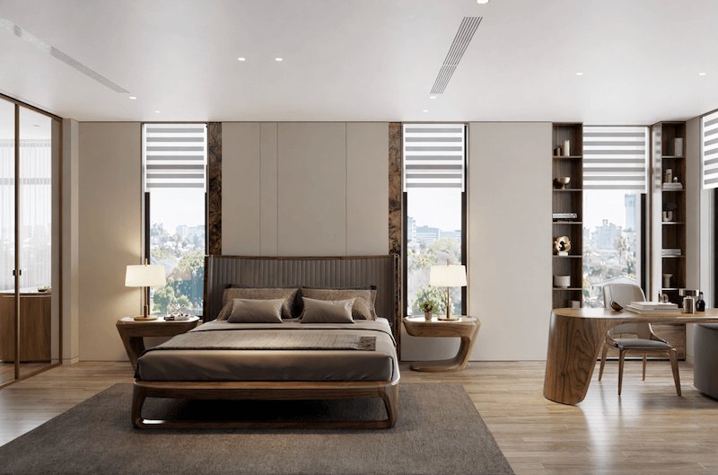Phòng ngủ được thiết kế theo tinh thần hiện đại tối giản, lấy gỗ tự nhiên làm vật liệu chủ đạo, kết hợp cửa sổ lớn hai bên giường giúp không gian luôn thoáng sáng và cân bằng thị giác