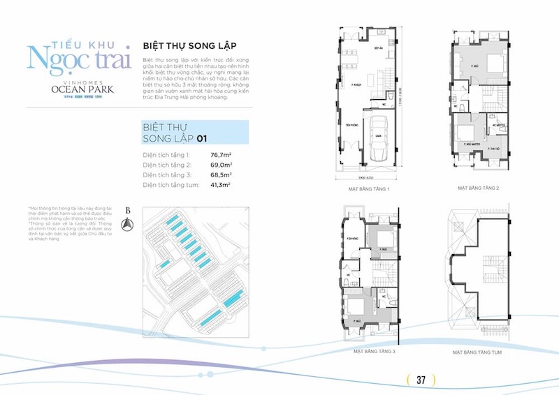 Dòng biệt thự song lập Vinhomes thường được quy hoạch với kết cấu 3 tầng sử dụng chính cùng một tầng tum linh hoạt