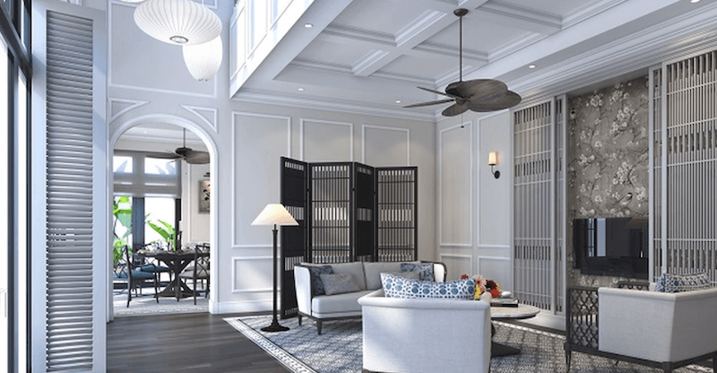 Không gian vừa tinh tế, vừa gợi mở bản sắc Đông Dương độc đáo với hệ cửa chớp, vách ngăn gỗ và giấy dán tường họa tiết thiên nhiên