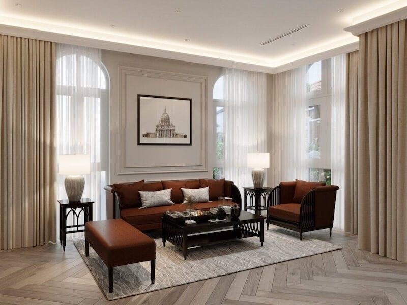 Không gian biệt thự song lập ở phân khu Nguyệt Quế ghi dấu ấn với hệ cửa vòm Hy Lạp và nội thất da màu nâu trầm quý phái