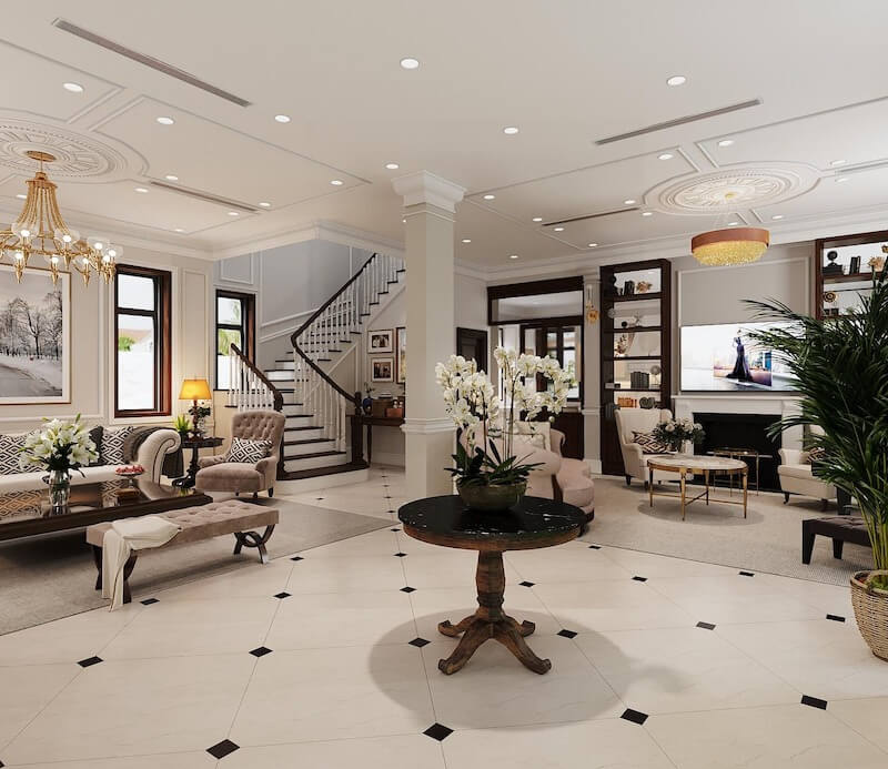 Bảng màu trung tính trong biệt thự song lập tại Vinhomes Central Park giúp không gian luôn sáng, thoáng, đồng thời làm nổi bật các chi tiết tân cổ điển đặc trưng