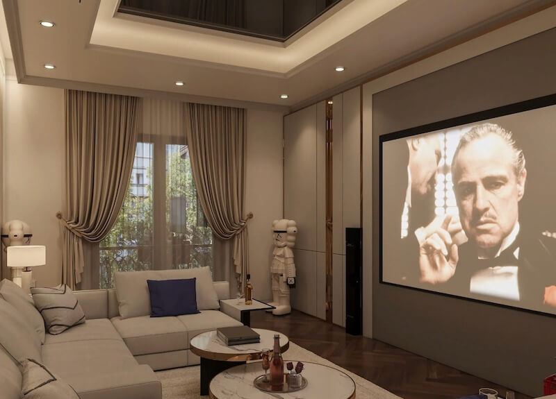 Phòng khách phong cách Venice hiện đại thường sử dụng sofa dáng thấp, gam màu trung tính và đèn trang trí mang tính nghệ thuật cao