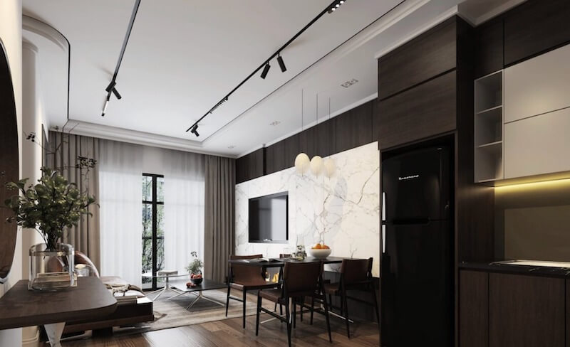 Khu bếp và phòng ăn được thiết kế liền mạch, cân bằng giữa nét cổ điển sang trọng và công năng tiện nghi cho sinh hoạt gia đình