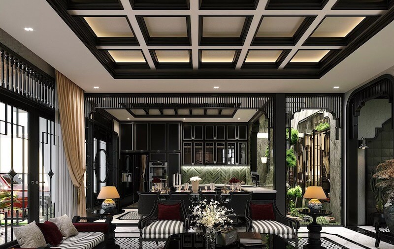 Nội thất Indochine tại Vinhomes Ocean Park thường sử dụng gỗ tự nhiên, mây tre đan và gạch bông để tạo chiều sâu thẩm mỹ